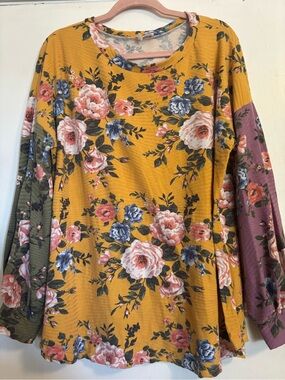 BiBi Mustard Floral Mixed-Sleeve Long Sleeve Top